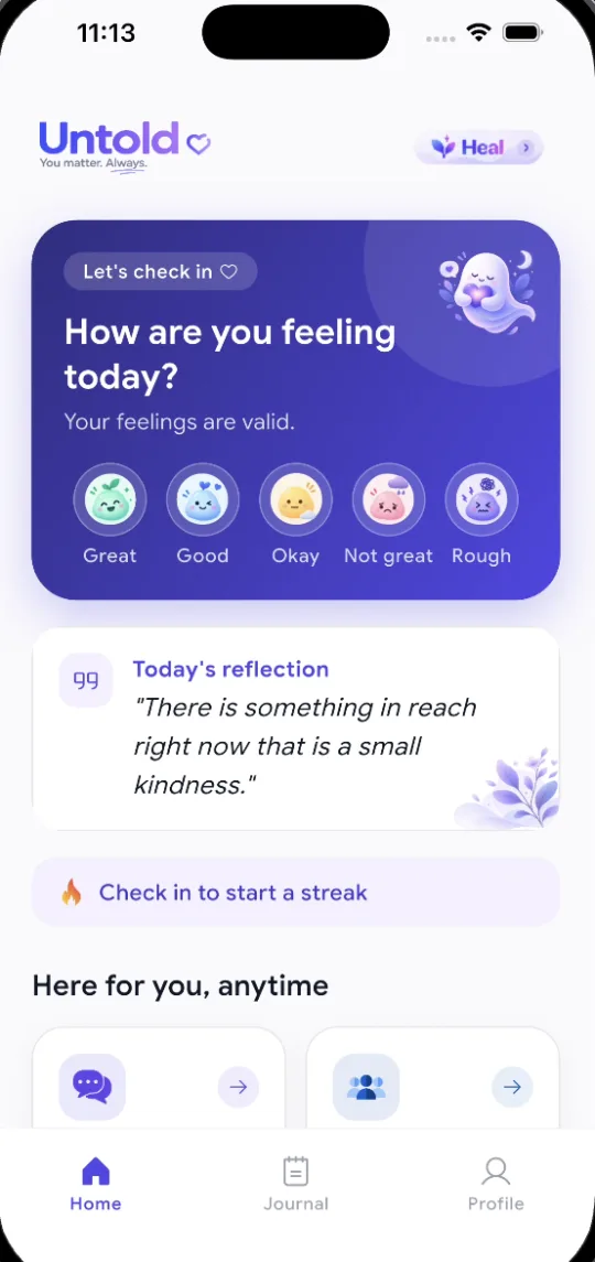 Untold app home screen with a daily mood check-in