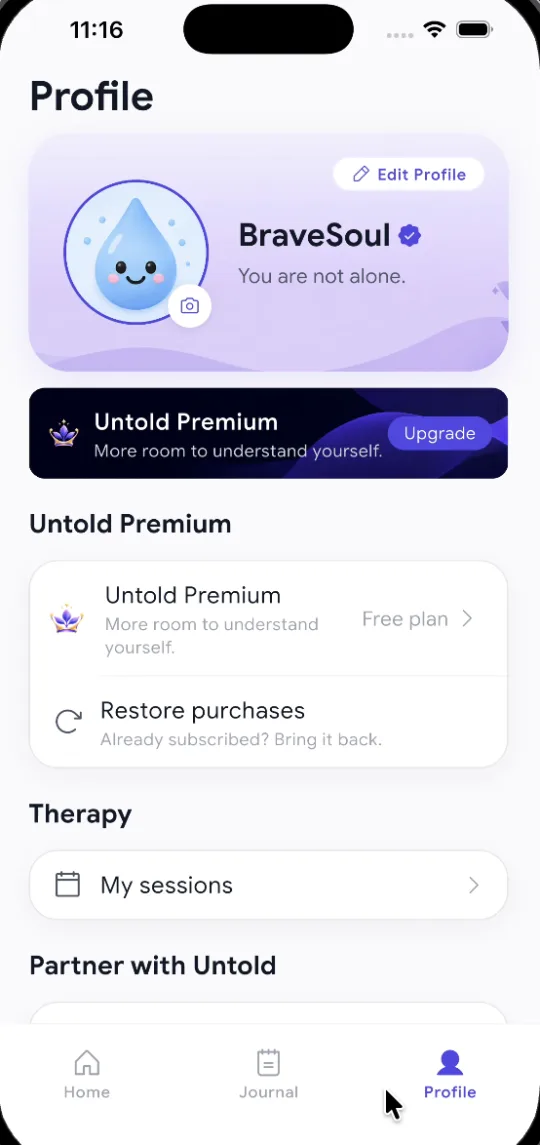 Untold app profile screen